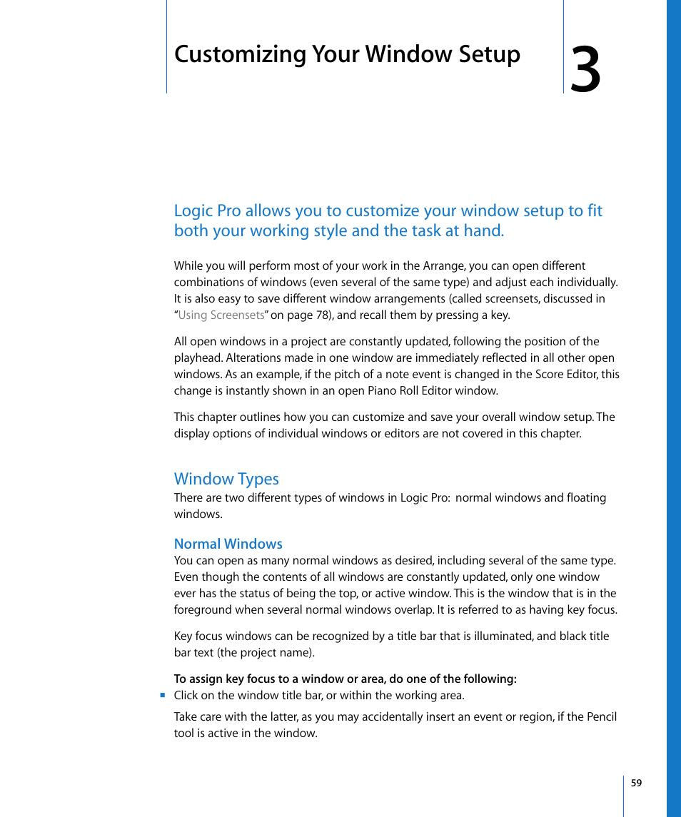Customizing your window setup, Window types, Normal windows | Chapter 3 | Apple Logic Pro 8 User Manual | Page 59 / 1030