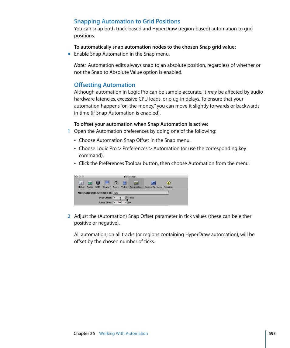 Snapping automation to grid positions, Offsetting automation | Apple Logic Pro 8 User Manual | Page 593 / 1030