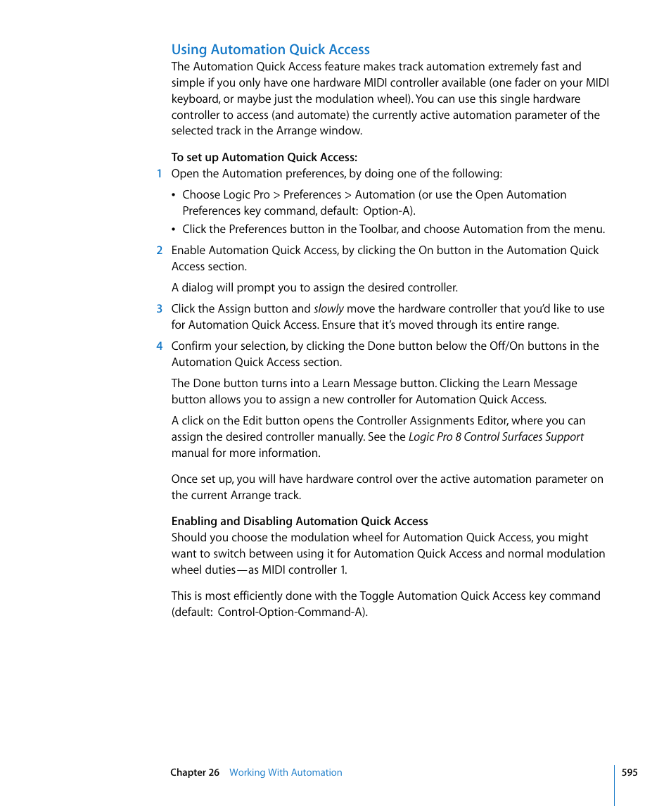 Using automation quick access | Apple Logic Pro 8 User Manual | Page 595 / 1030