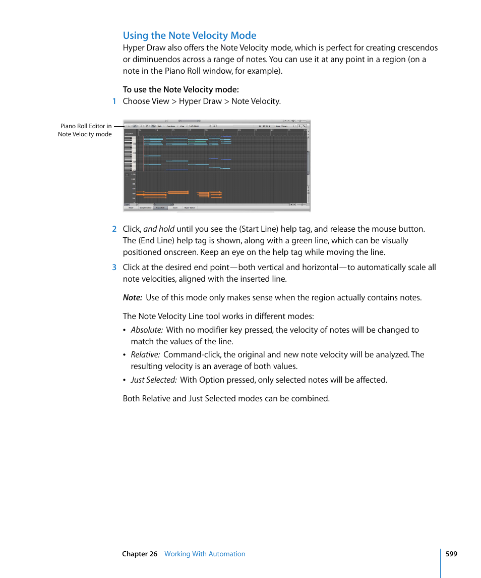 Using the note velocity mode | Apple Logic Pro 8 User Manual | Page 599 / 1030