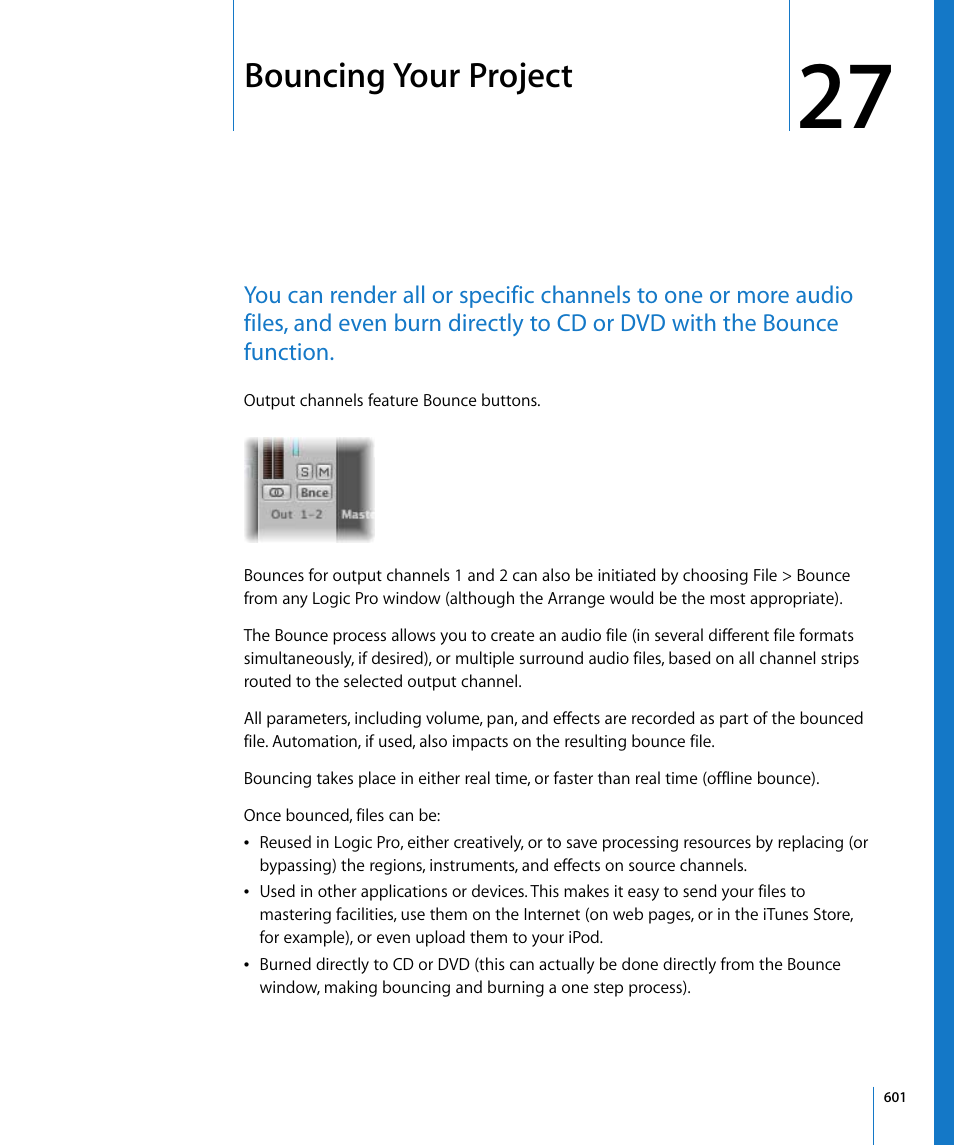 Bouncing your project, Chapter 27, O chapter 27 | Ed in chapter 27, Bouncing your, Project, Tion (see, Bouncing, Your project | Apple Logic Pro 8 User Manual | Page 601 / 1030