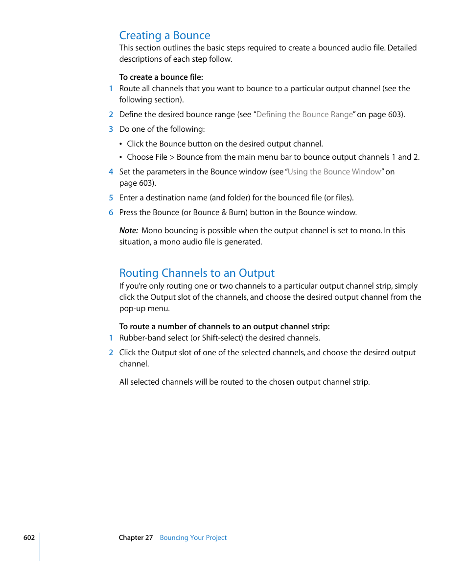 Creating a bounce, Routing channels to an output | Apple Logic Pro 8 User Manual | Page 602 / 1030