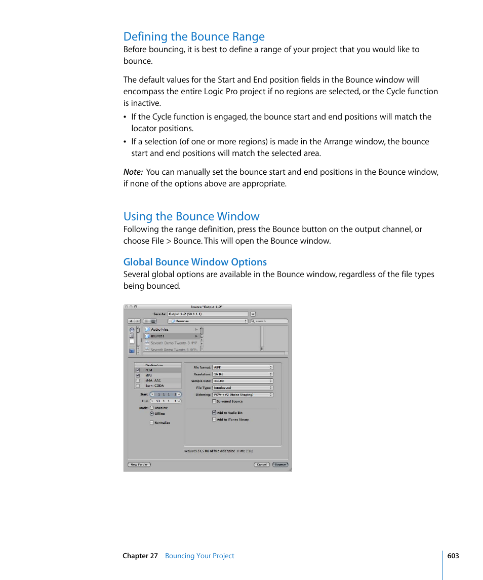 Defining the bounce range, Using the bounce window, Global bounce window options | E range (see, W (see | Apple Logic Pro 8 User Manual | Page 603 / 1030