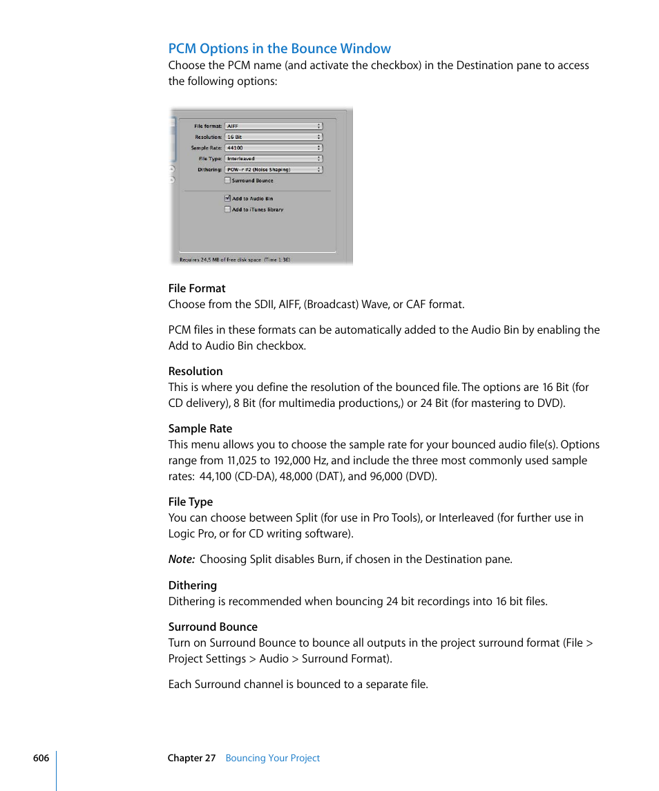 Pcm options in the bounce window | Apple Logic Pro 8 User Manual | Page 606 / 1030