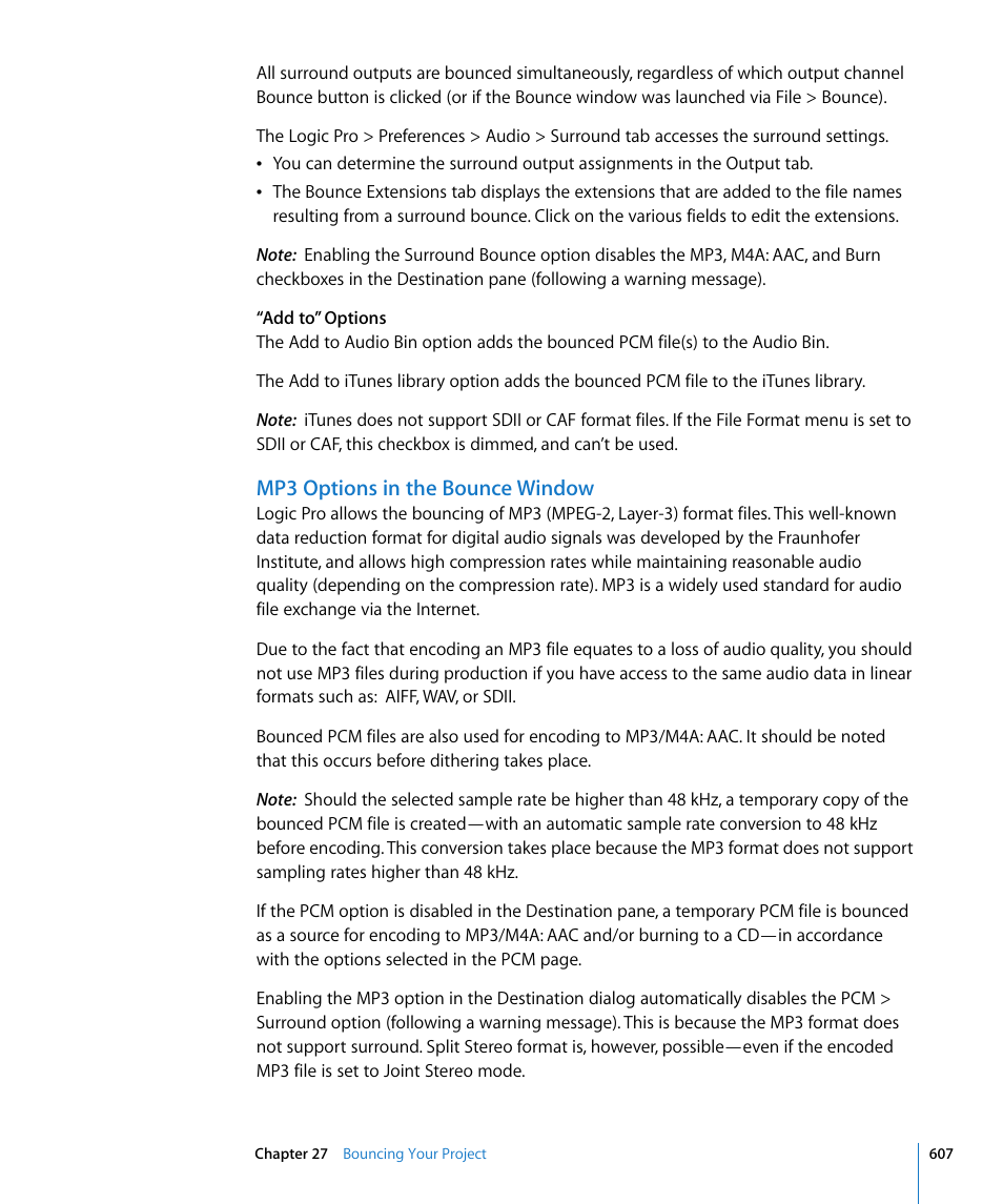Mp3 options in the bounce window | Apple Logic Pro 8 User Manual | Page 607 / 1030