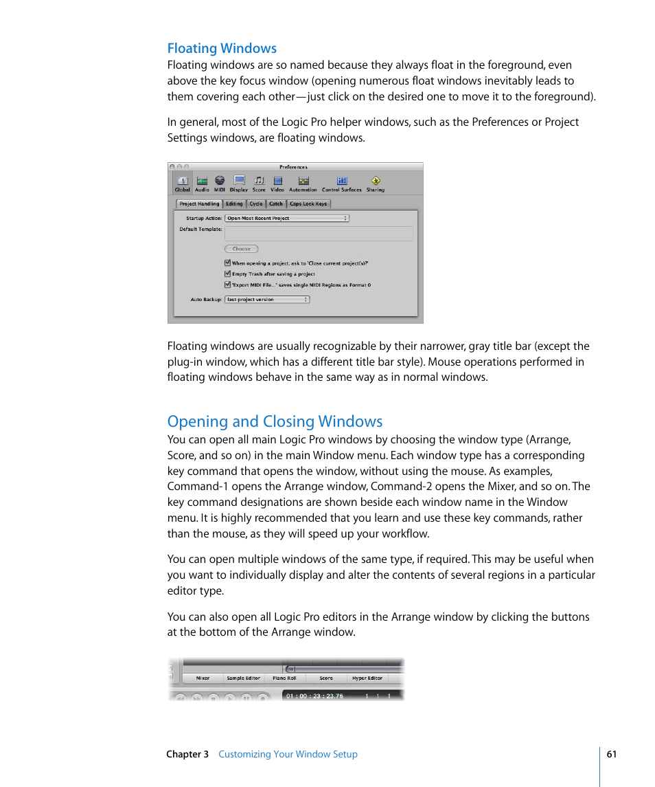 Floating windows, Opening and closing windows | Apple Logic Pro 8 User Manual | Page 61 / 1030
