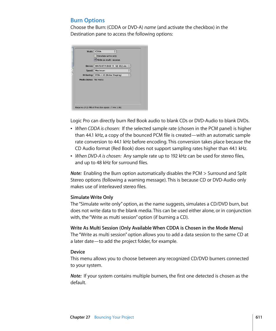 Burn options | Apple Logic Pro 8 User Manual | Page 611 / 1030