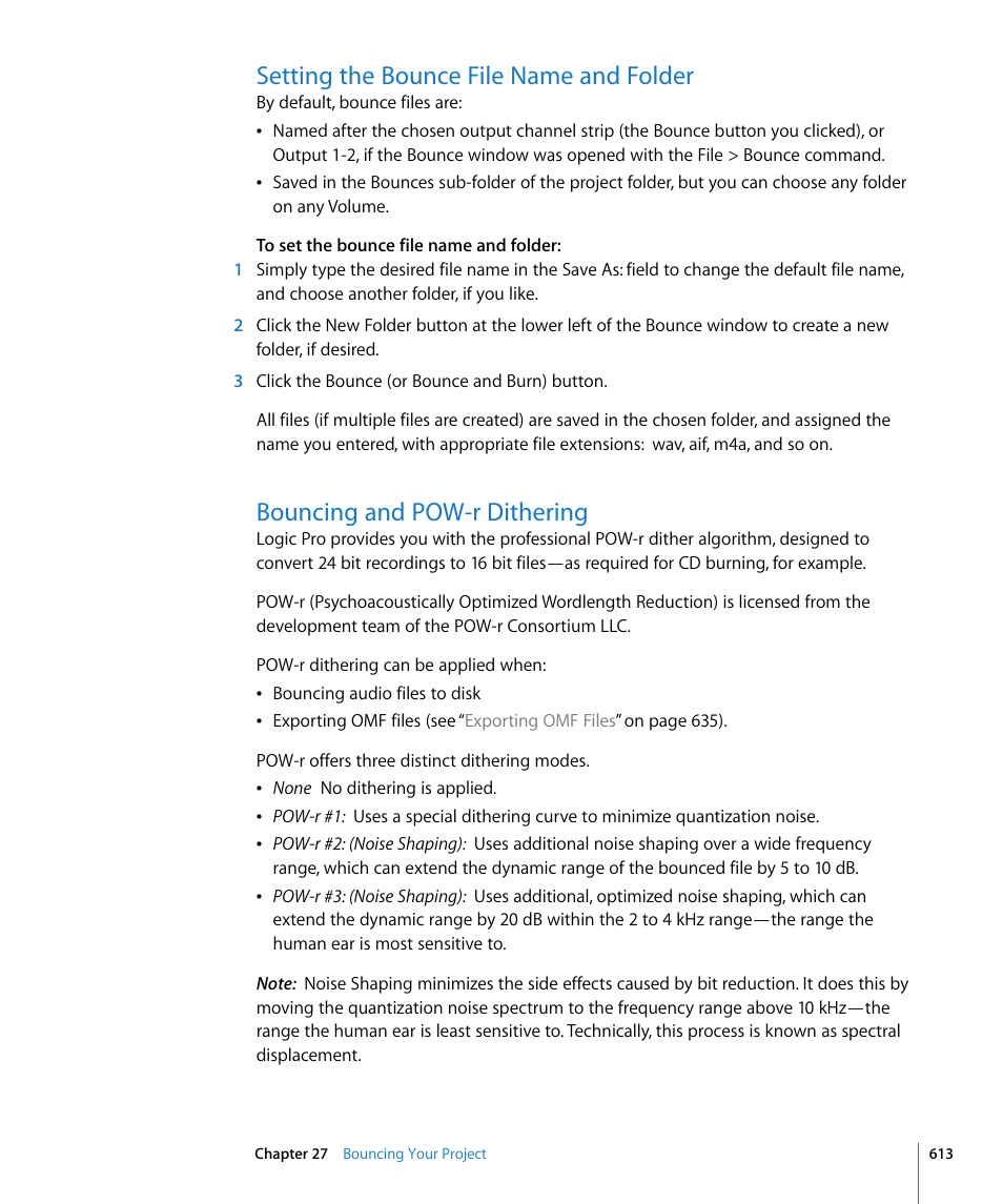 Setting the bounce file name and folder, Bouncing and powr dithering, Bouncing and pow-r dithering | Apple Logic Pro 8 User Manual | Page 613 / 1030