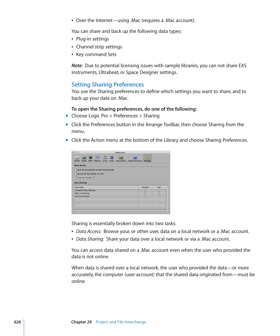 Setting sharing preferences | Apple Logic Pro 8 User Manual | Page 626 / 1030