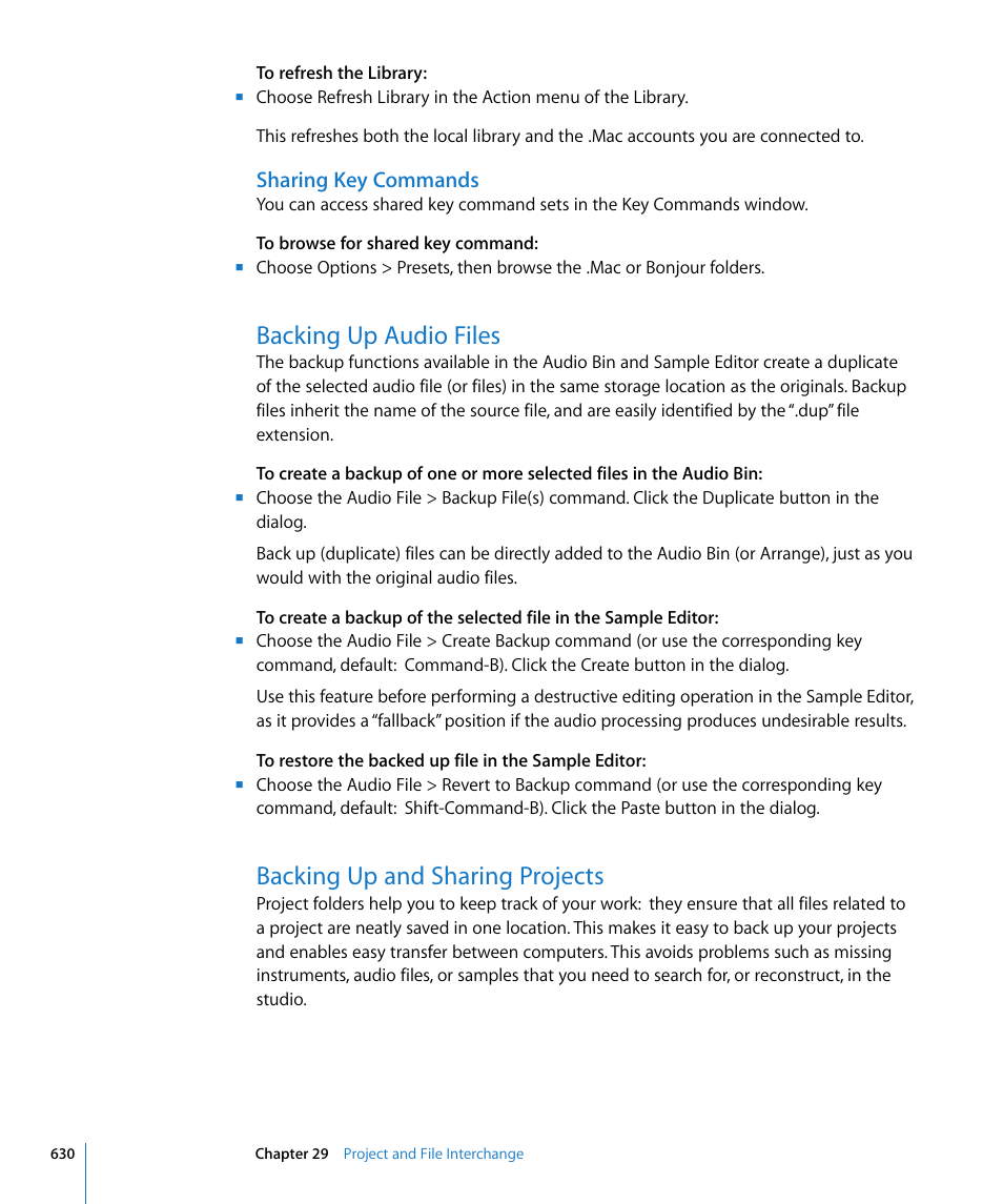 Sharing key commands, Backing up audio files, Backing up and sharing projects | Apple Logic Pro 8 User Manual | Page 630 / 1030