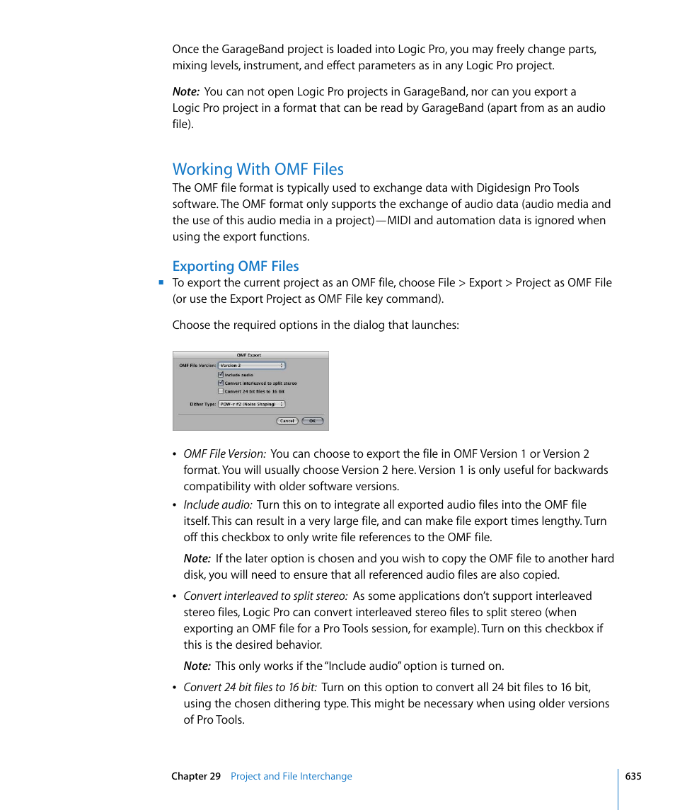 Working with omf files, Exporting omf files | Apple Logic Pro 8 User Manual | Page 635 / 1030
