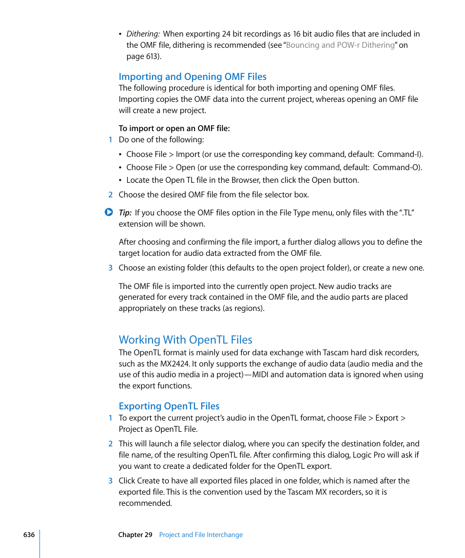 Importing and opening omf files, Working with opentl files, Exporting opentl files | Apple Logic Pro 8 User Manual | Page 636 / 1030