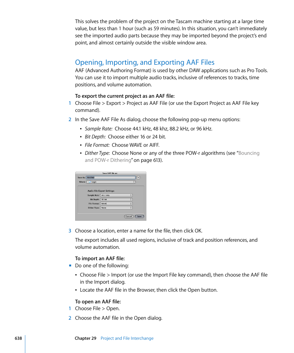 Opening, importing, and exporting aaf files | Apple Logic Pro 8 User Manual | Page 638 / 1030