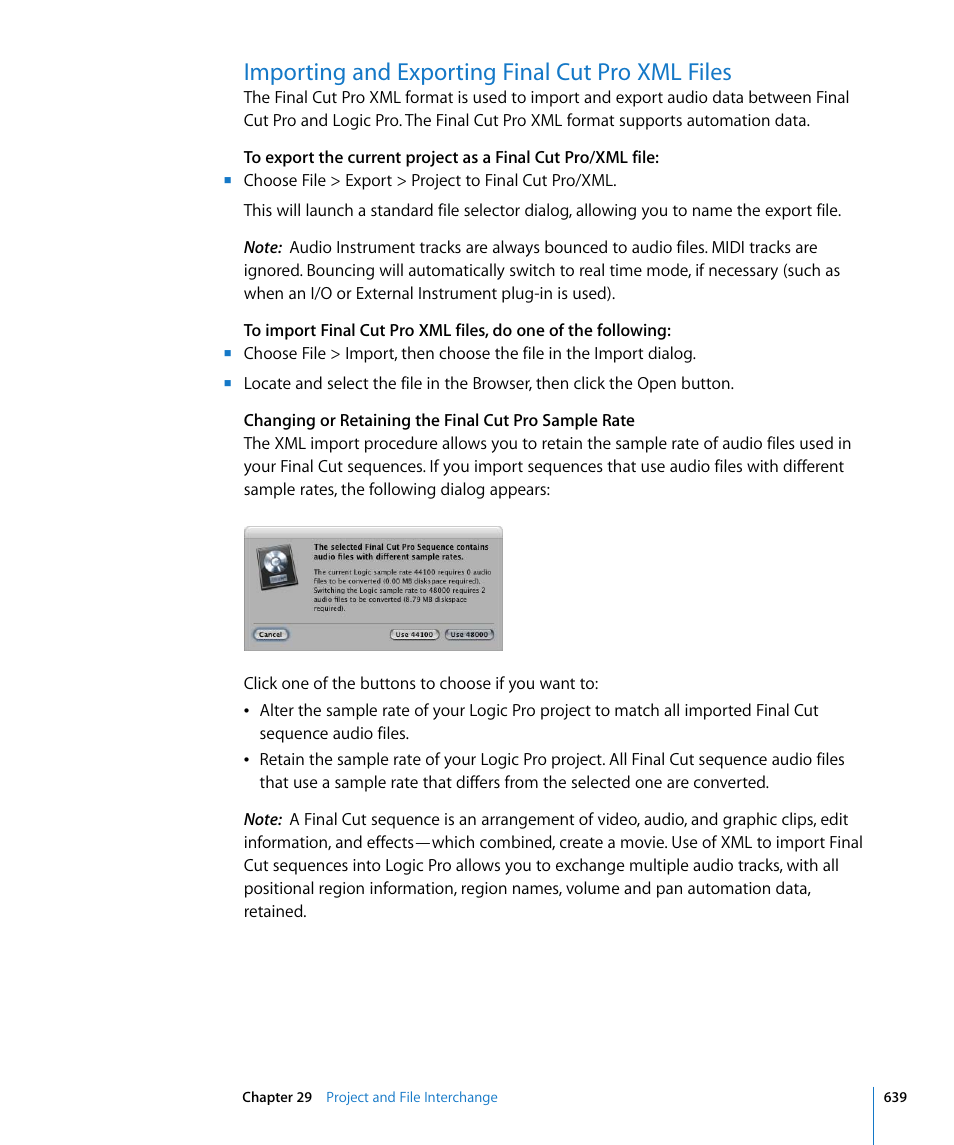 Importing and exporting final cut pro xml files | Apple Logic Pro 8 User Manual | Page 639 / 1030