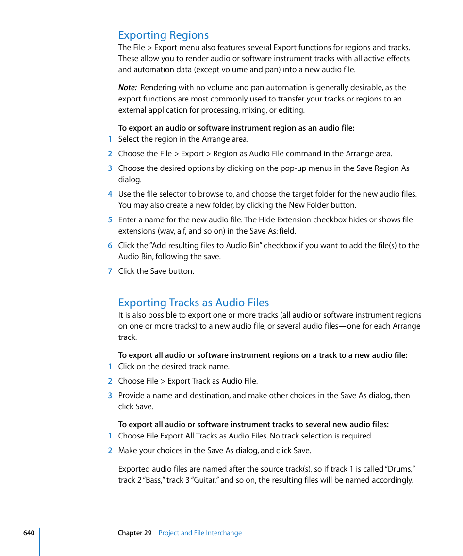 Exporting regions, Exporting tracks as audio files | Apple Logic Pro 8 User Manual | Page 640 / 1030