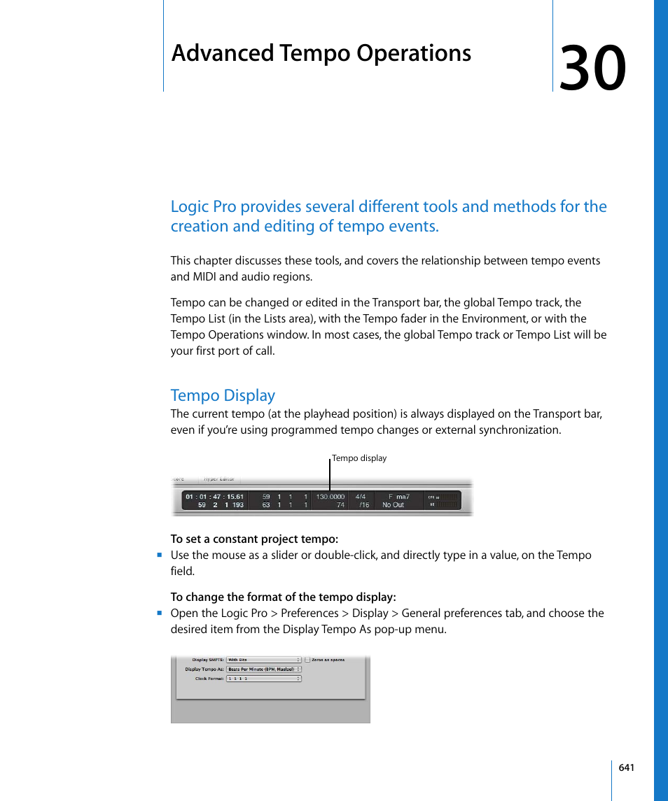 Advanced tempo operations, Tempo display, Chapter 30 | Apple Logic Pro 8 User Manual | Page 641 / 1030
