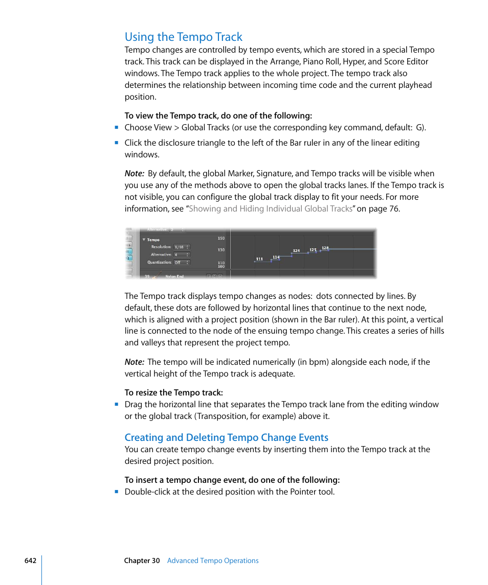 Using the tempo track, Creating and deleting tempo change events | Apple Logic Pro 8 User Manual | Page 642 / 1030