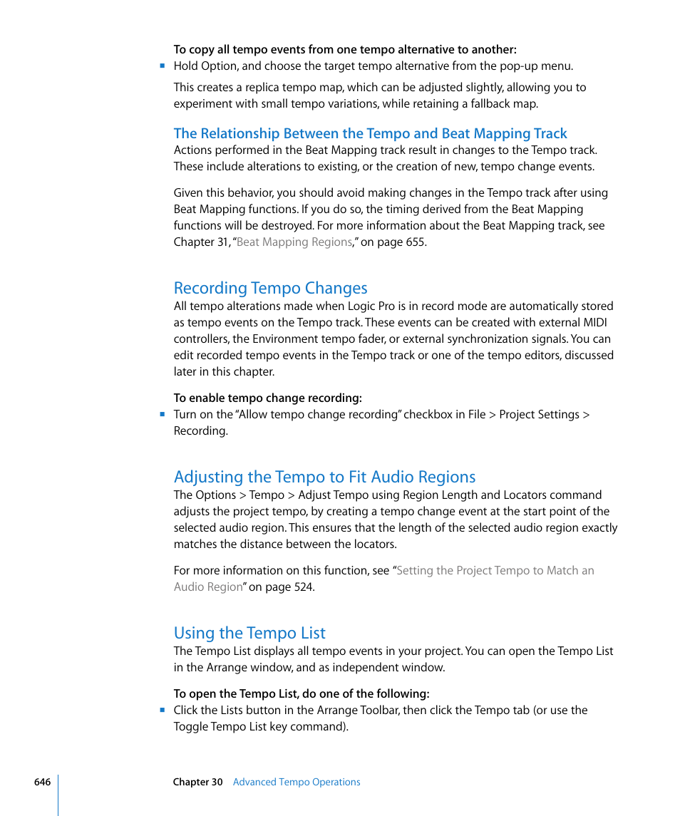 Recording tempo changes, Adjusting the tempo to fit audio regions, Using the tempo list | Apple Logic Pro 8 User Manual | Page 646 / 1030