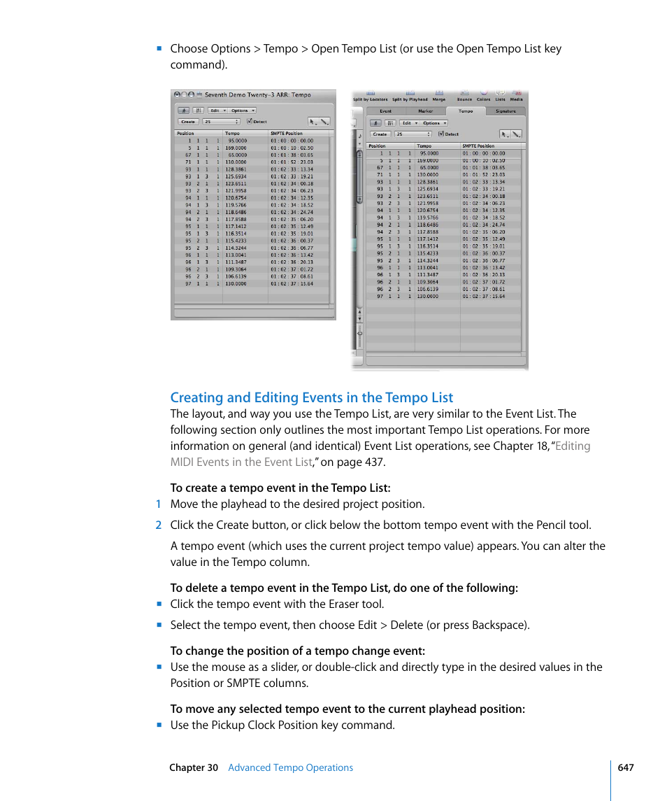 Creating and editing events in the tempo list | Apple Logic Pro 8 User Manual | Page 647 / 1030