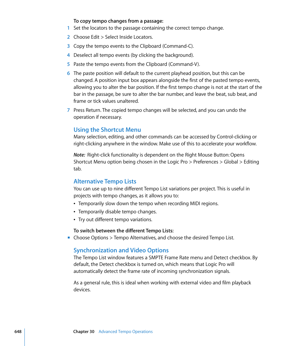 Using the shortcut menu, Alternative tempo lists, Synchronization and video options | Apple Logic Pro 8 User Manual | Page 648 / 1030