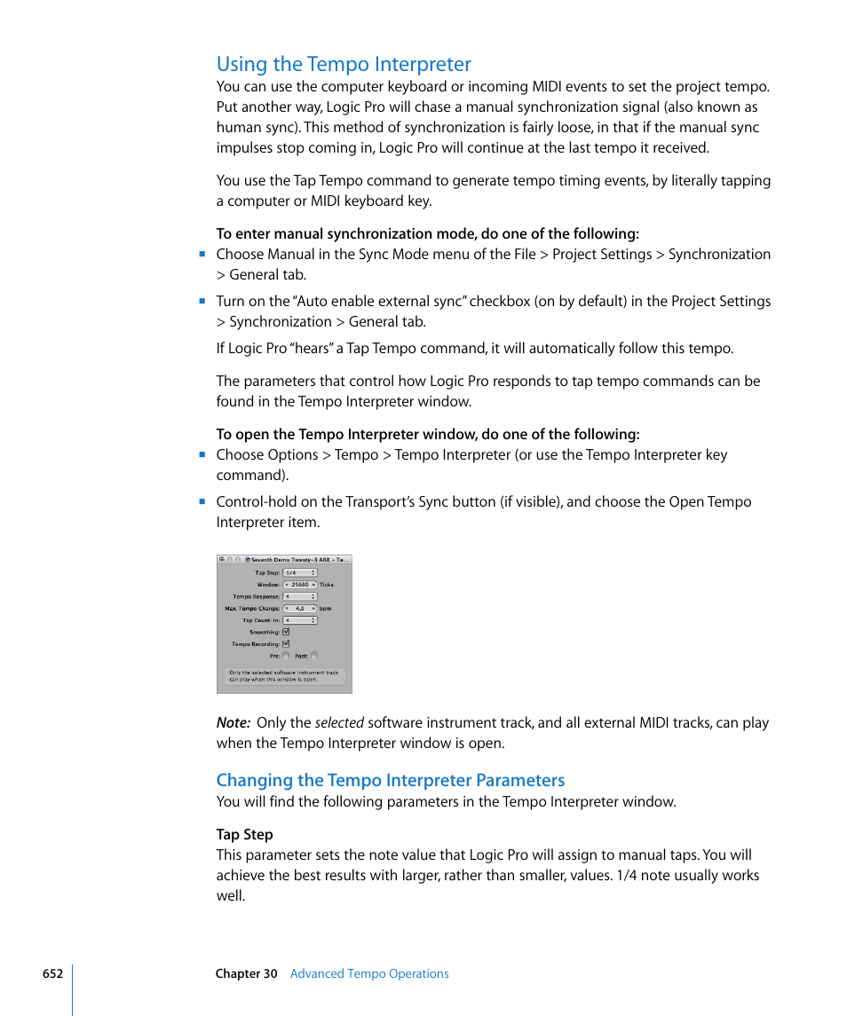 Using the tempo interpreter, Changing the tempo interpreter parameters | Apple Logic Pro 8 User Manual | Page 652 / 1030
