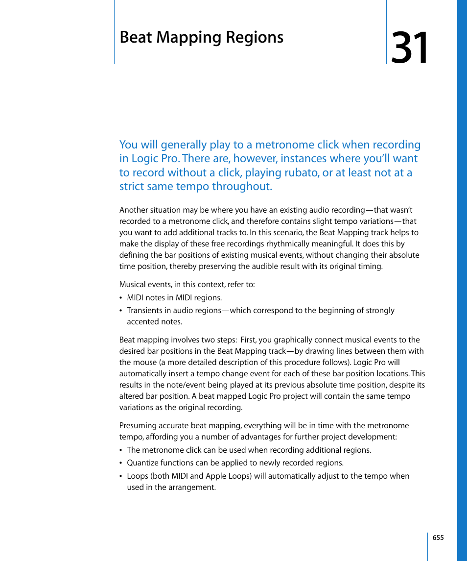 Beat mapping regions, Chapter 31 | Apple Logic Pro 8 User Manual | Page 655 / 1030