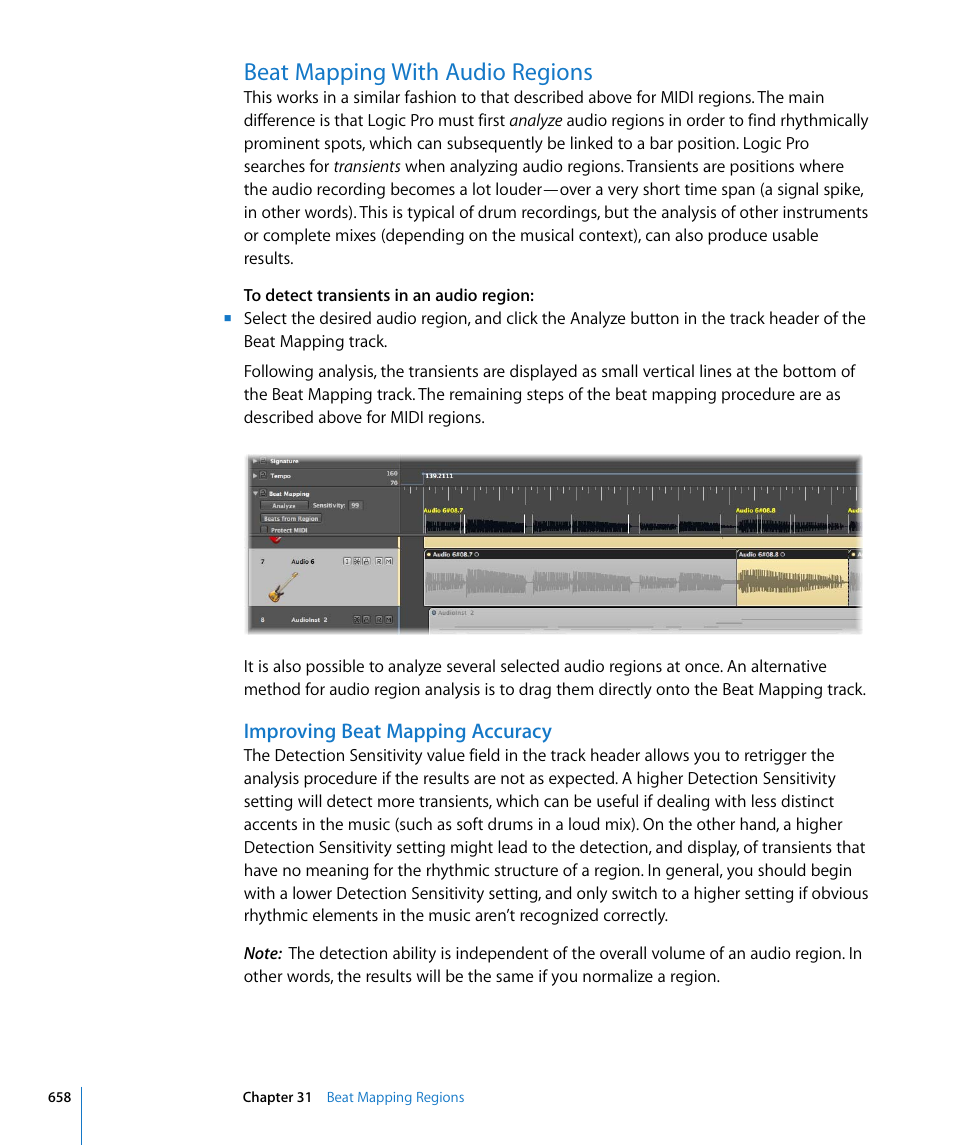 Beat mapping with audio regions, Improving beat mapping accuracy | Apple Logic Pro 8 User Manual | Page 658 / 1030