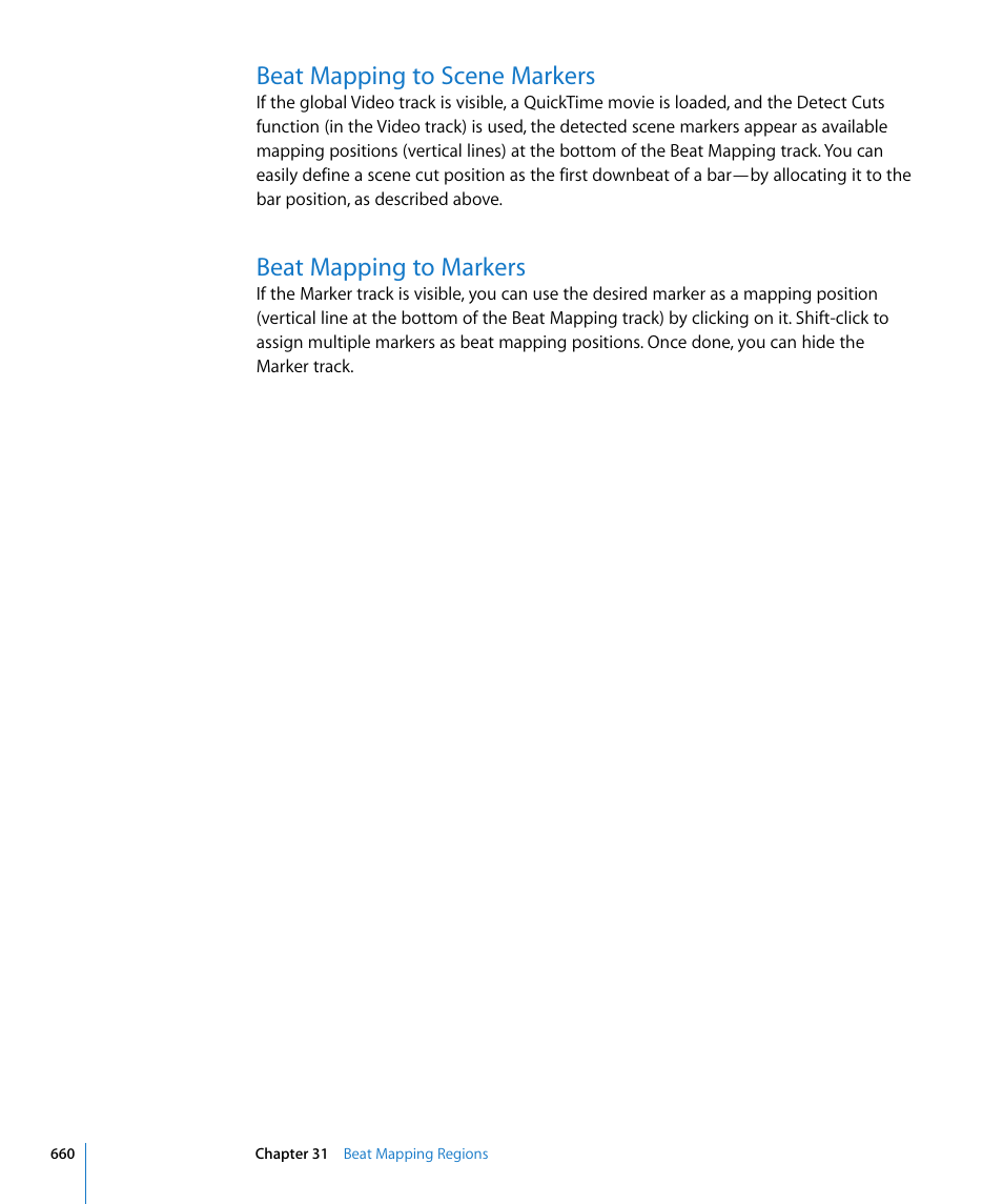 Beat mapping to scene markers, Beat mapping to markers | Apple Logic Pro 8 User Manual | Page 660 / 1030