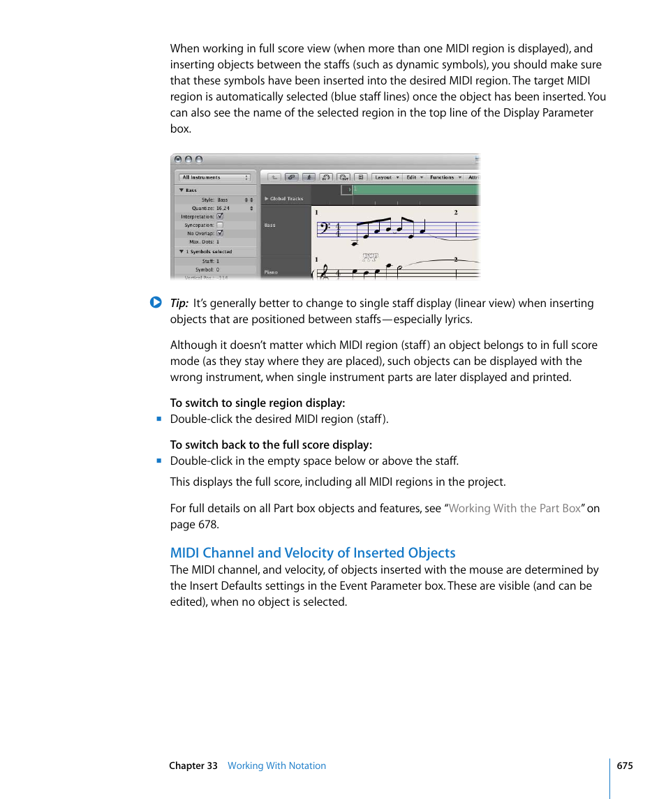 Midi channel and velocity of inserted objects | Apple Logic Pro 8 User Manual | Page 675 / 1030