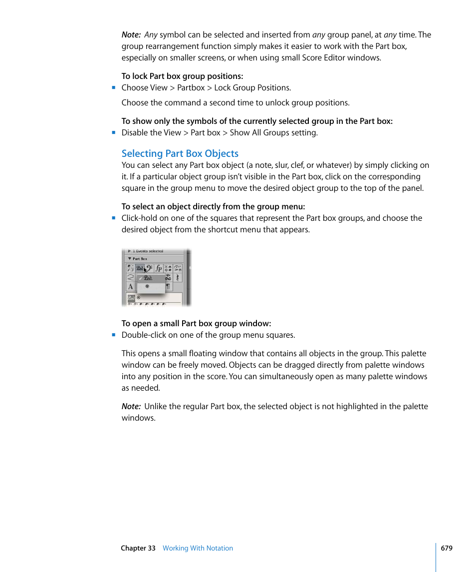 Selecting part box objects, X (see | Apple Logic Pro 8 User Manual | Page 679 / 1030