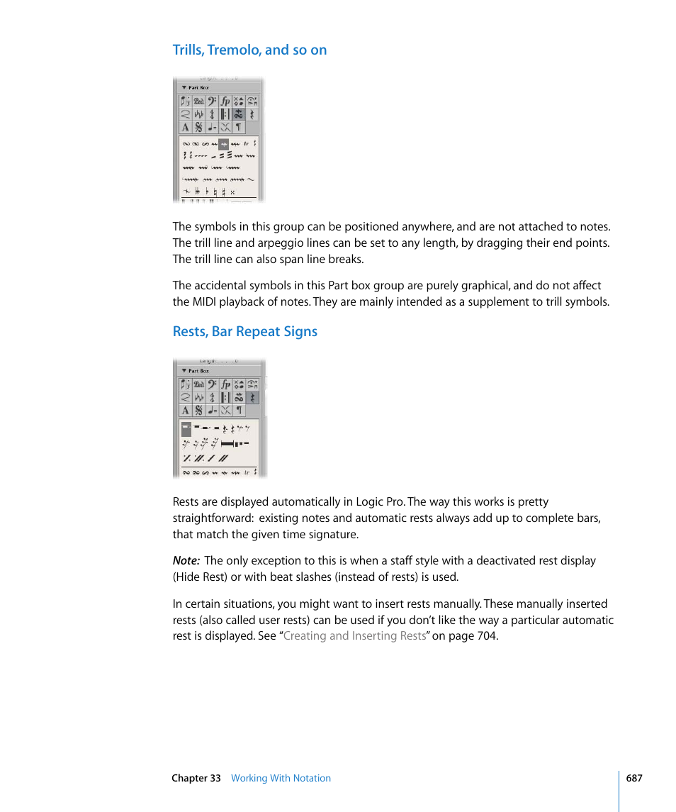 Trills, tremolo, and so on, Rests, bar repeat signs | Apple Logic Pro 8 User Manual | Page 687 / 1030