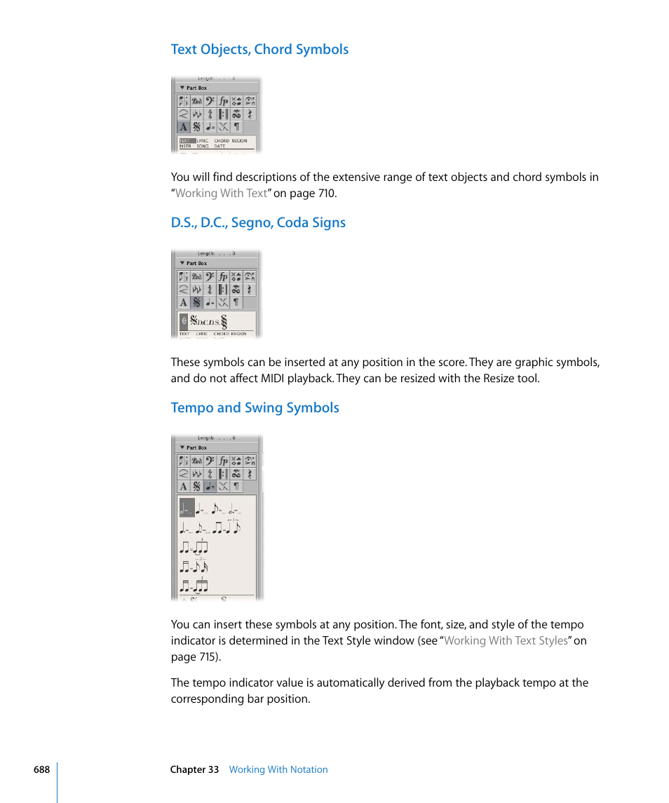 Text objects, chord symbols, D.s., d.c., segno, coda signs, Tempo and swing symbols | Apple Logic Pro 8 User Manual | Page 688 / 1030
