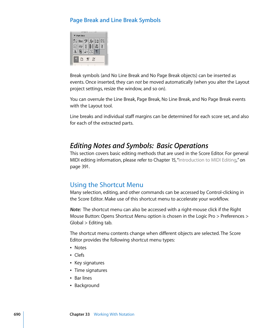 Editing notes and symbols: basic operations, Using the shortcut menu | Apple Logic Pro 8 User Manual | Page 690 / 1030