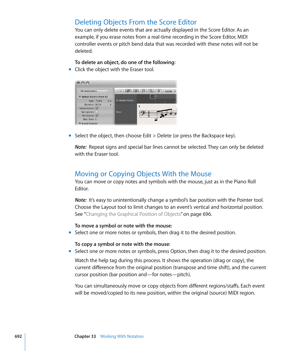 Deleting objects from the score editor, Moving or copying objects with the mouse | Apple Logic Pro 8 User Manual | Page 692 / 1030