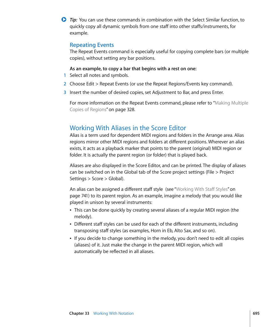 Repeating events, Working with aliases in the score editor | Apple Logic Pro 8 User Manual | Page 695 / 1030