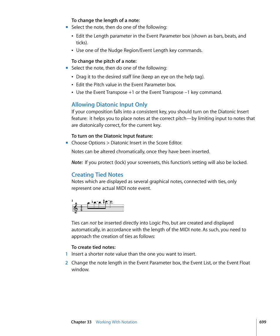 Allowing diatonic input only, Creating tied notes | Apple Logic Pro 8 User Manual | Page 699 / 1030
