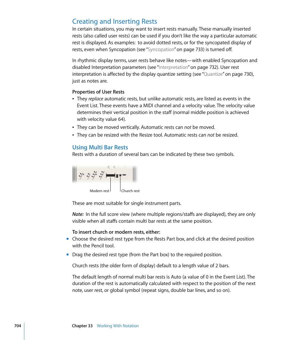 Creating and inserting rests, Using multi bar rests, X (see | Apple Logic Pro 8 User Manual | Page 704 / 1030