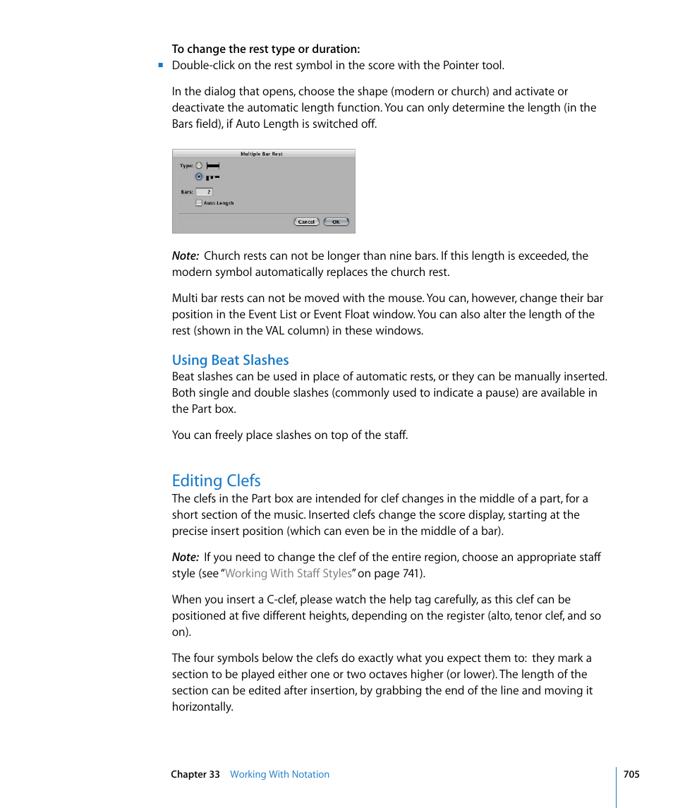 Using beat slashes, Editing clefs | Apple Logic Pro 8 User Manual | Page 705 / 1030