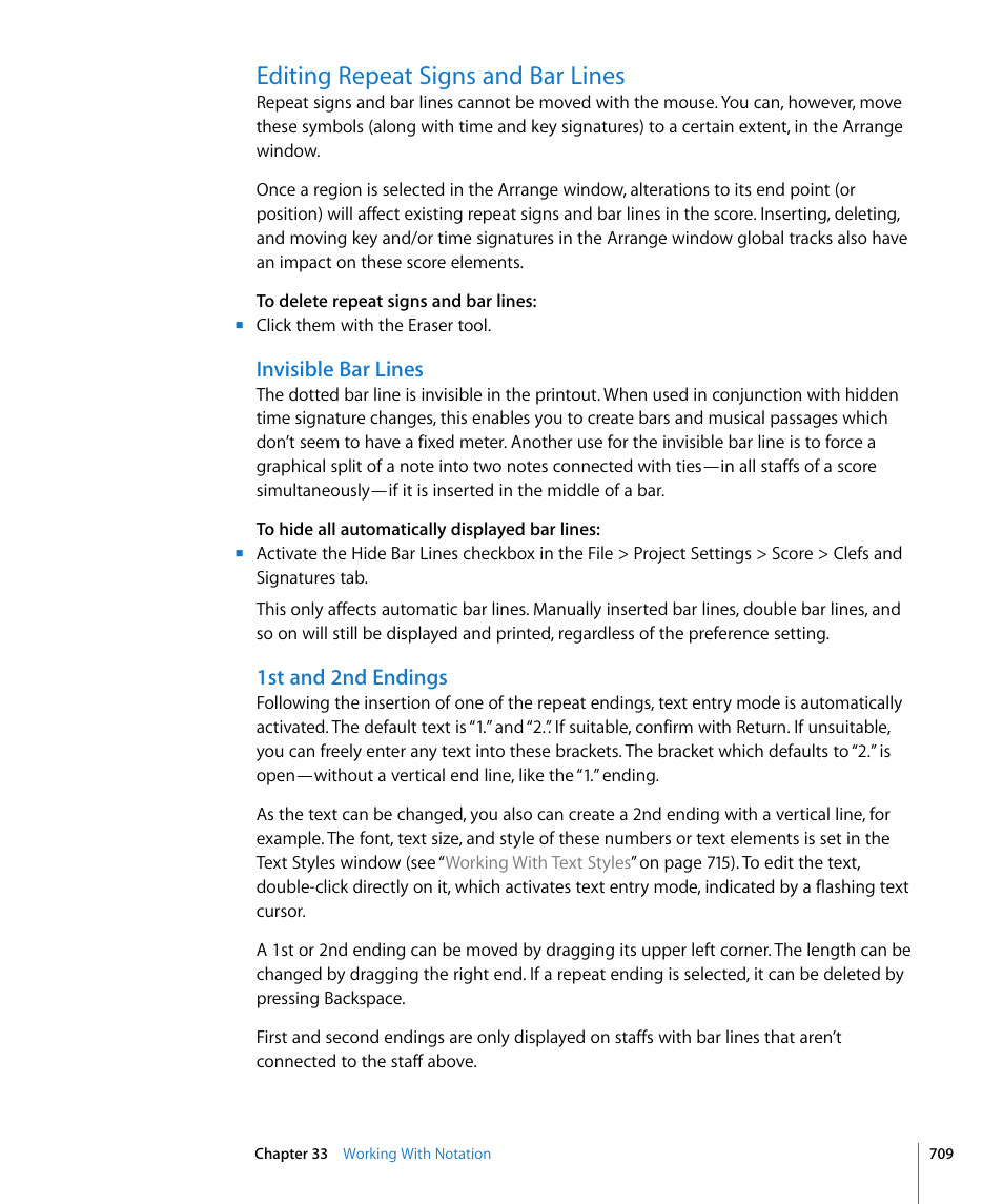 Editing repeat signs and bar lines, Invisible bar lines, 1st and 2nd endings | Ound in | Apple Logic Pro 8 User Manual | Page 709 / 1030