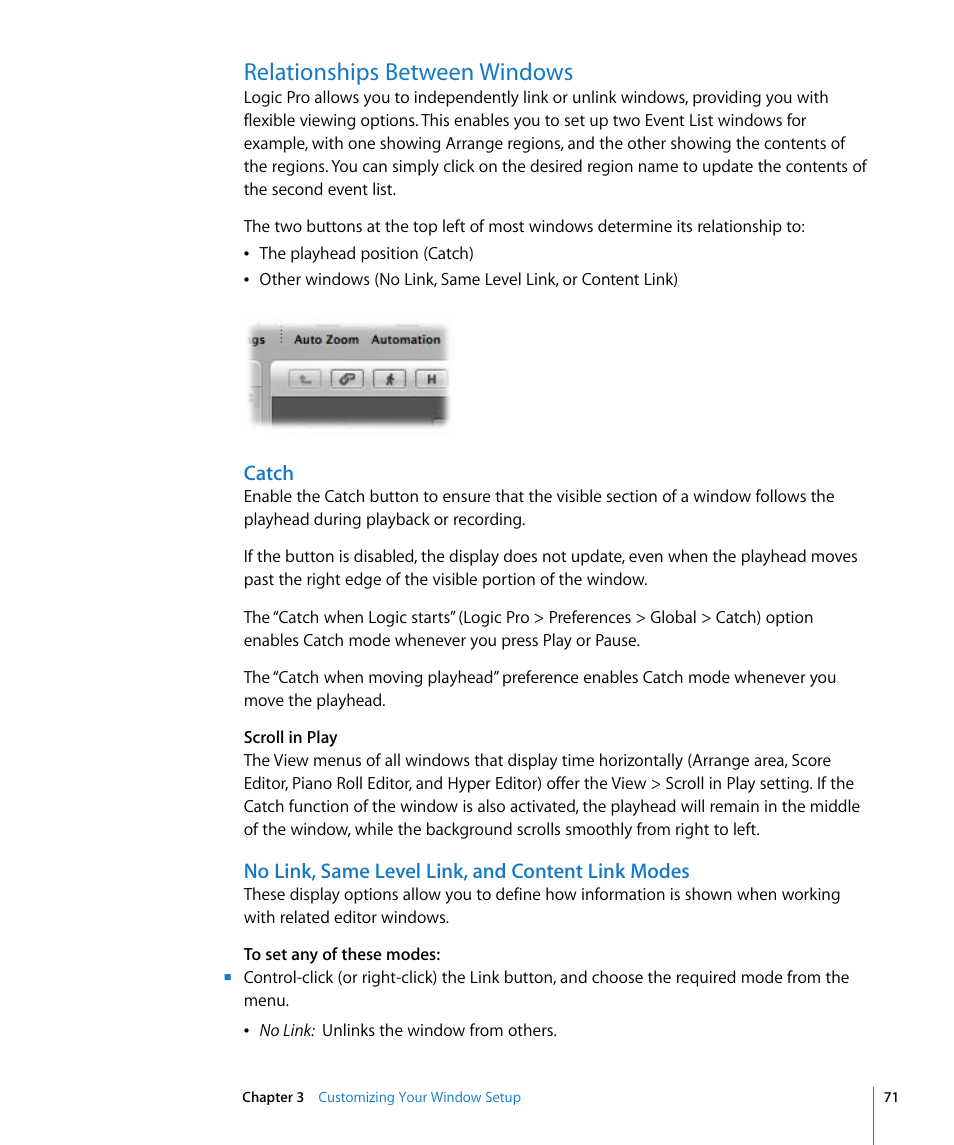 Relationships between windows, Catch, No link, same level link, and content link modes | Apple Logic Pro 8 User Manual | Page 71 / 1030