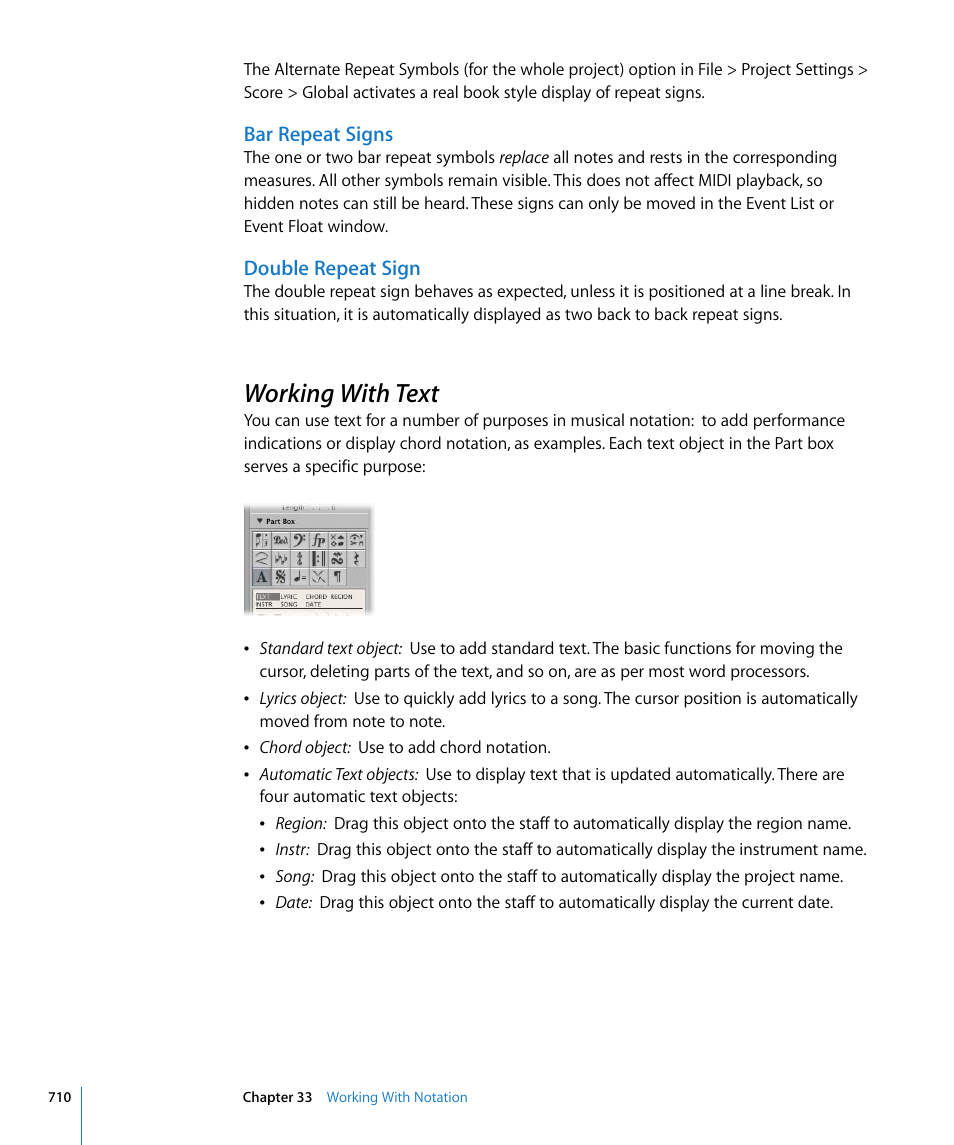 Bar repeat signs, Double repeat sign, Working with text | Yle (see, Ol (see | Apple Logic Pro 8 User Manual | Page 710 / 1030