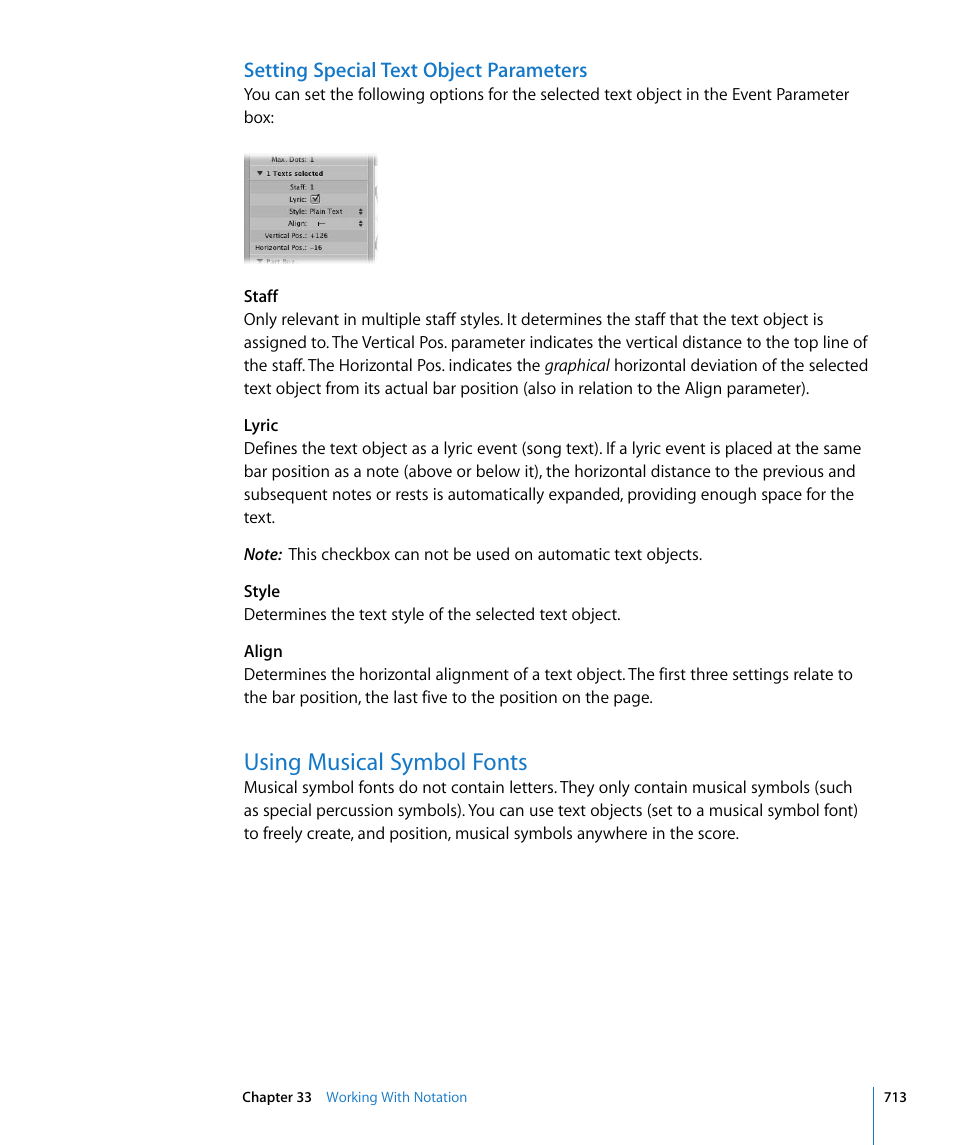 Setting special text object parameters, Using musical symbol fonts | Apple Logic Pro 8 User Manual | Page 713 / 1030