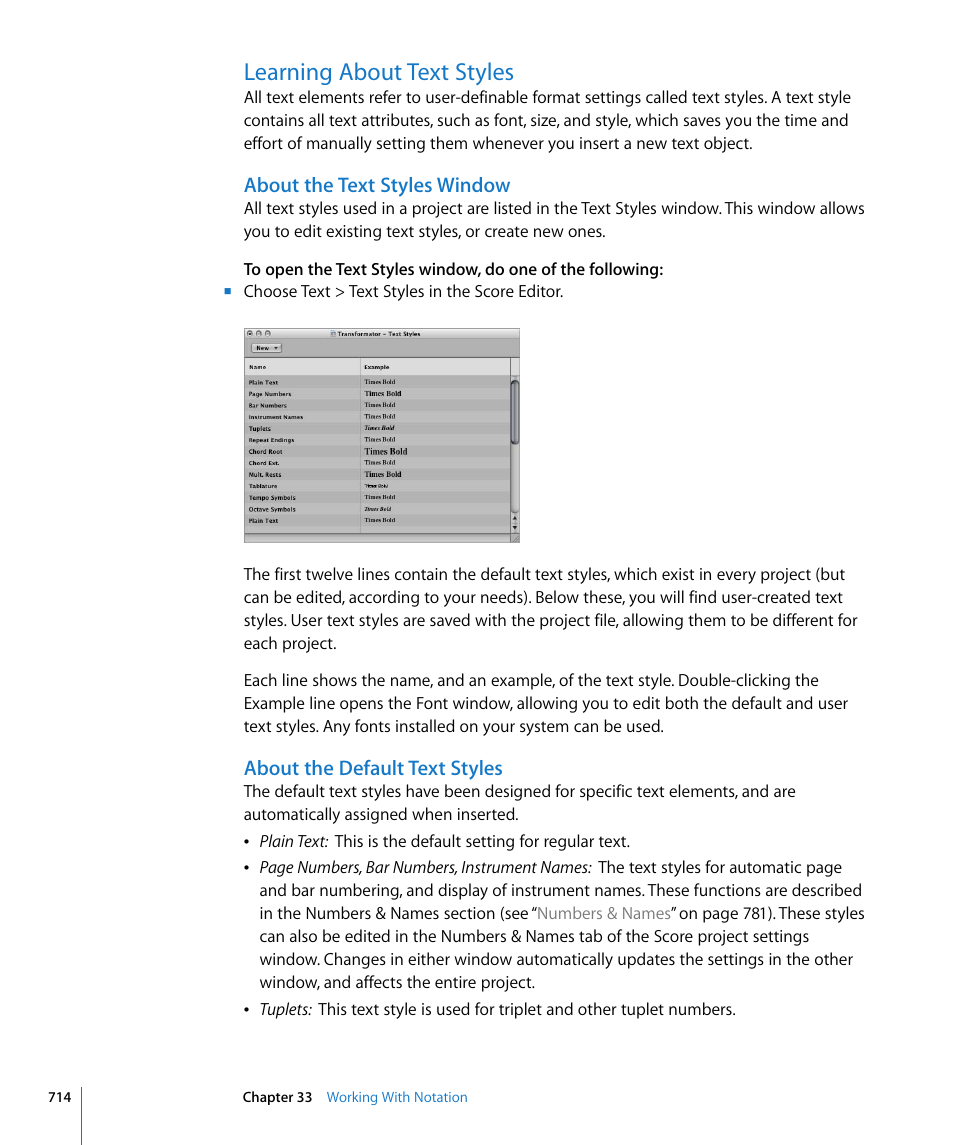 Learning about text styles, About the text styles window, About the default text styles | Apple Logic Pro 8 User Manual | Page 714 / 1030