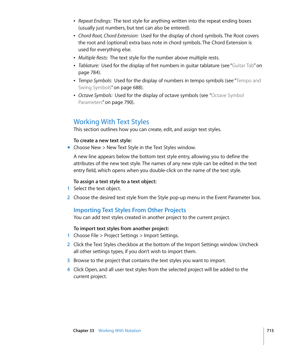Working with text styles, Importing text styles from other projects, W (see | Apple Logic Pro 8 User Manual | Page 715 / 1030