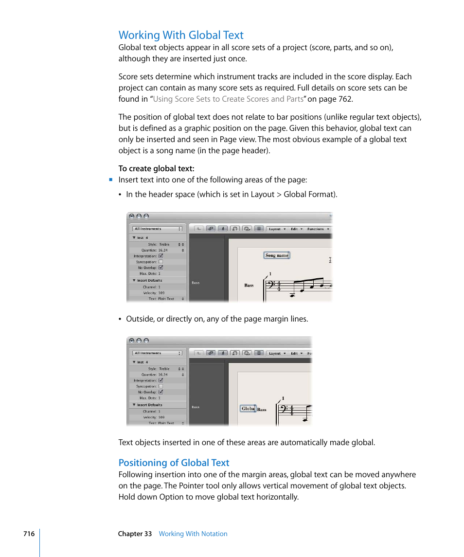 Working with global text, Positioning of global text | Apple Logic Pro 8 User Manual | Page 716 / 1030