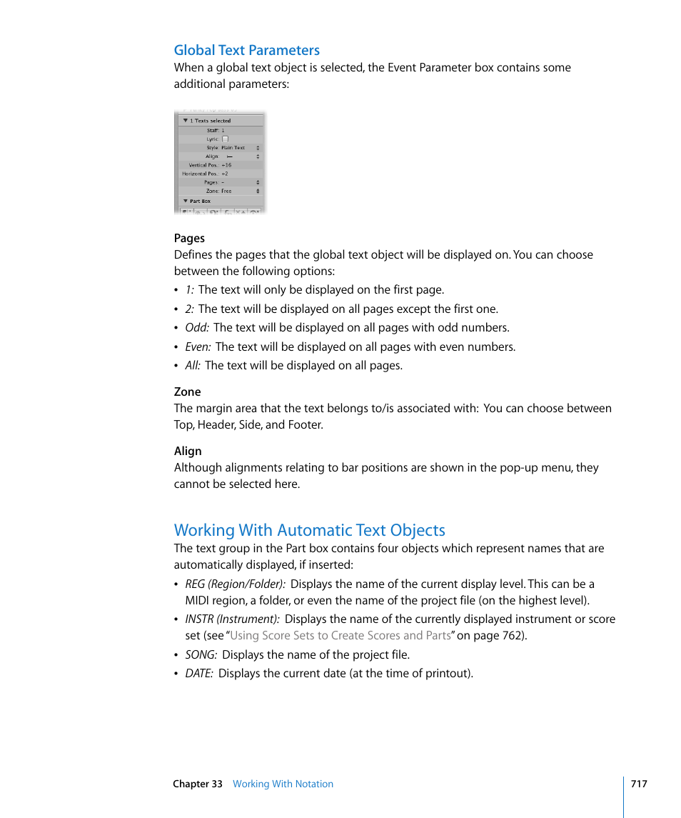 Global text parameters, Working with automatic text objects | Apple Logic Pro 8 User Manual | Page 717 / 1030
