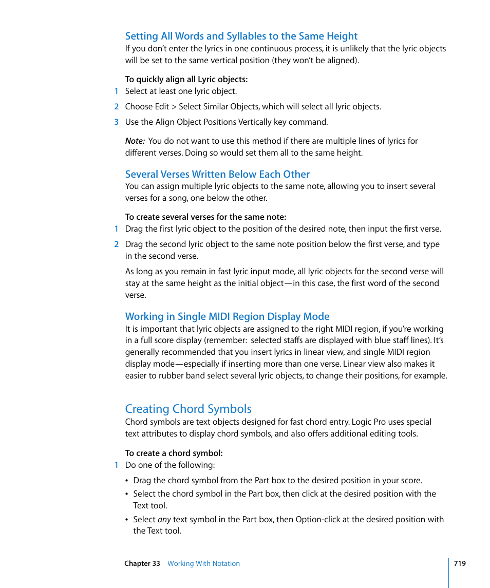 Setting all words and syllables to the same height, Several verses written below each other, Working in single midi region display mode | Creating chord symbols | Apple Logic Pro 8 User Manual | Page 719 / 1030