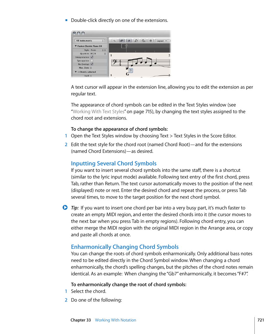Inputting several chord symbols, Enharmonically changing chord symbols | Apple Logic Pro 8 User Manual | Page 721 / 1030