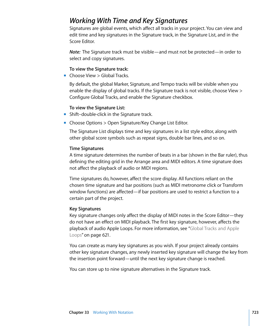 Working with time and key signatures, Working with time and key, Signatures | Ound in, Working with time and, Key signatures, Ormation see, Working with, Time and key signatures, E track (see | Apple Logic Pro 8 User Manual | Page 723 / 1030