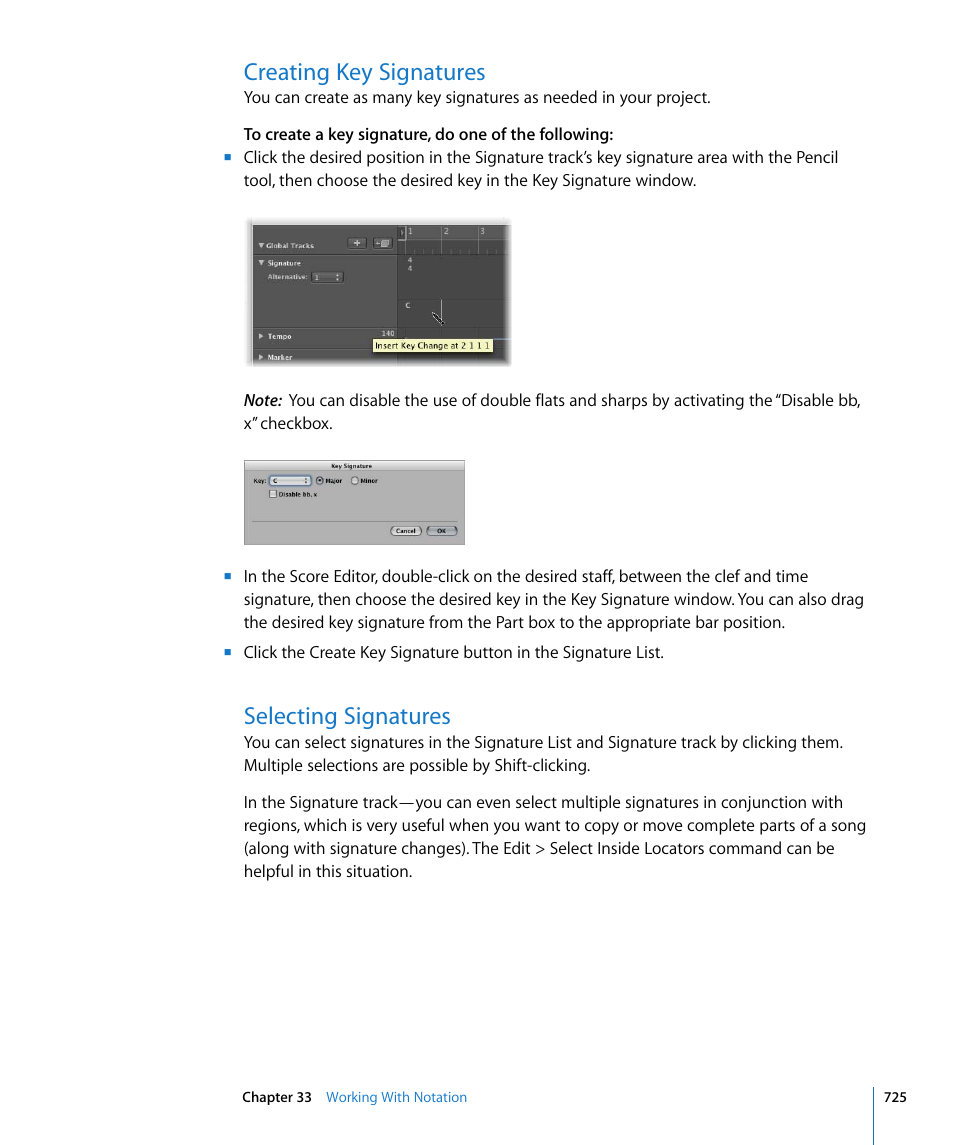 Creating key signatures, Selecting signatures | Apple Logic Pro 8 User Manual | Page 725 / 1030